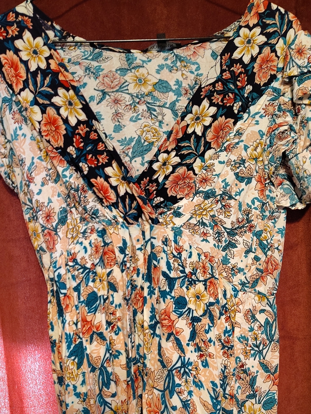 Floral V-Neck Mini Dress in Teal, Pink & Black